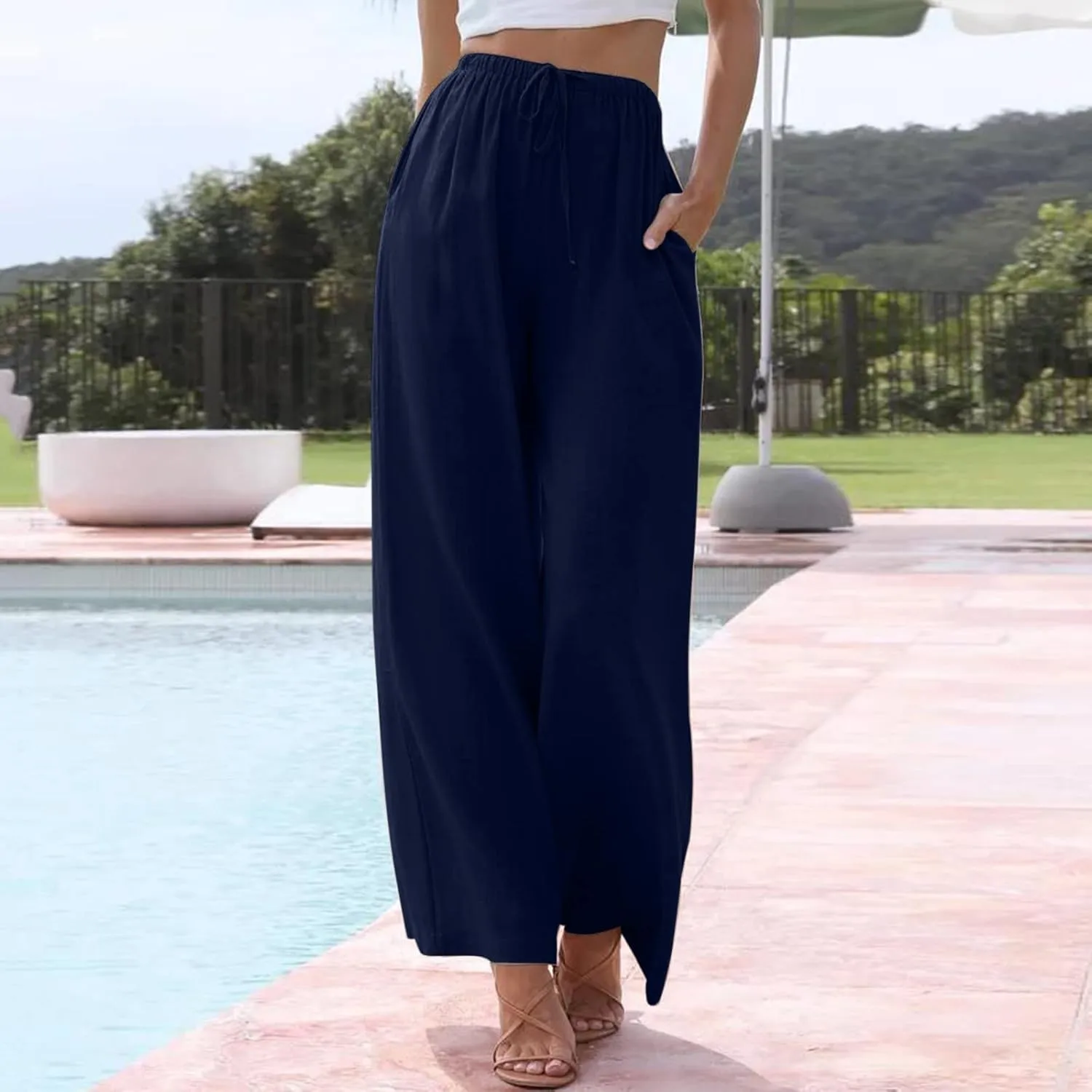 Womens Wide Leg Pants Summer Cotton Linen Casual Solid Color Flowy Trousers with Pockets Trendy Simple Comfy Baggy Pants