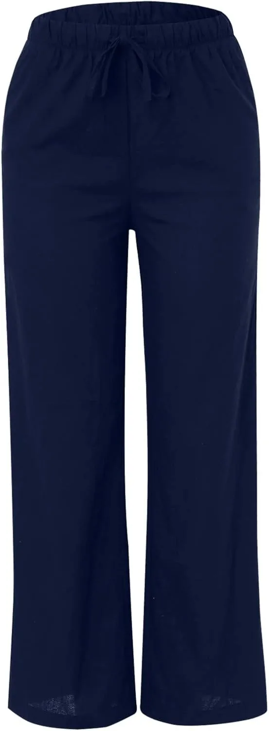 Womens Wide Leg Pants Summer Cotton Linen Casual Solid Color Flowy Trousers with Pockets Trendy Simple Comfy Baggy Pants