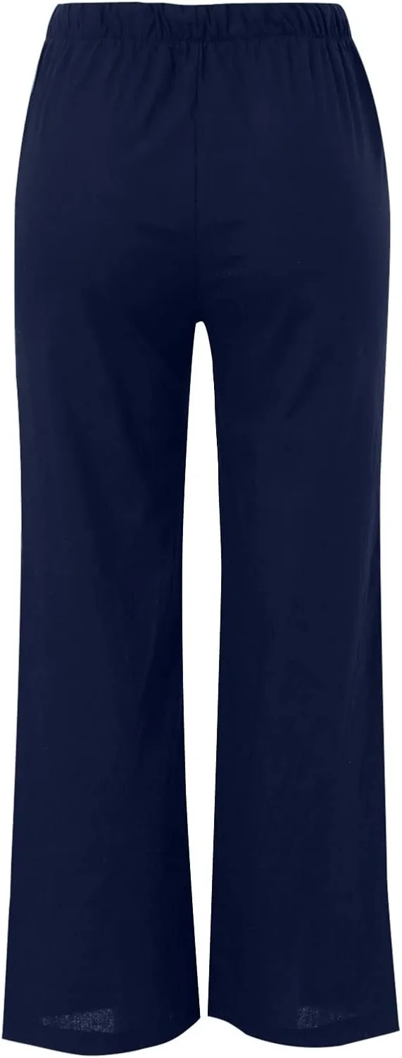 Womens Wide Leg Pants Summer Cotton Linen Casual Solid Color Flowy Trousers with Pockets Trendy Simple Comfy Baggy Pants
