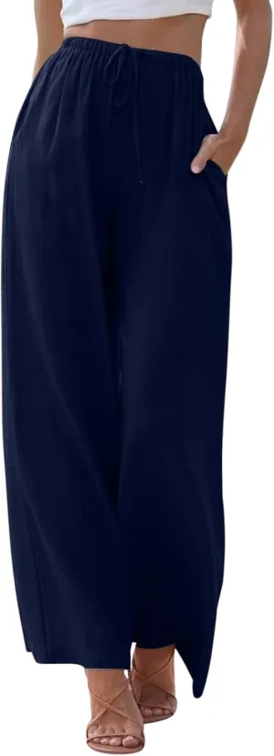 Womens Wide Leg Pants Summer Cotton Linen Casual Solid Color Flowy Trousers with Pockets Trendy Simple Comfy Baggy Pants