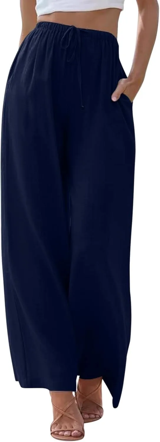Womens Wide Leg Pants Summer Cotton Linen Casual Solid Color Flowy Trousers with Pockets Trendy Simple Comfy Baggy Pants
