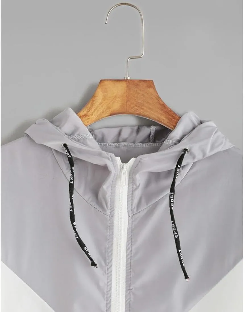 Womens Windbreaker Jacket Color Block Drawstring Hooded Sports Jacket Lightweight Outdoor Raincoat