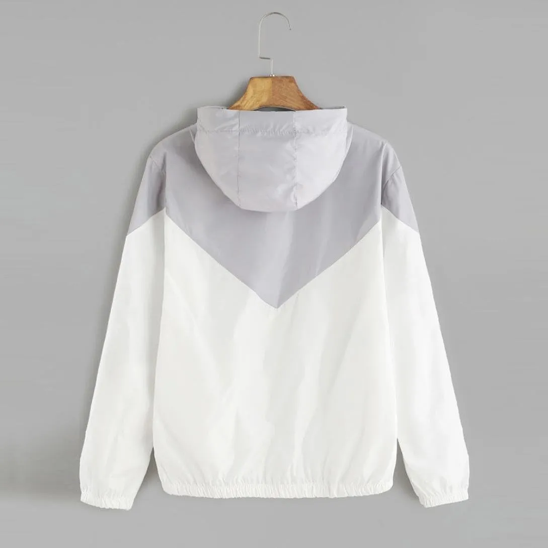 Womens Windbreaker Jacket Color Block Drawstring Hooded Sports Jacket Lightweight Outdoor Raincoat