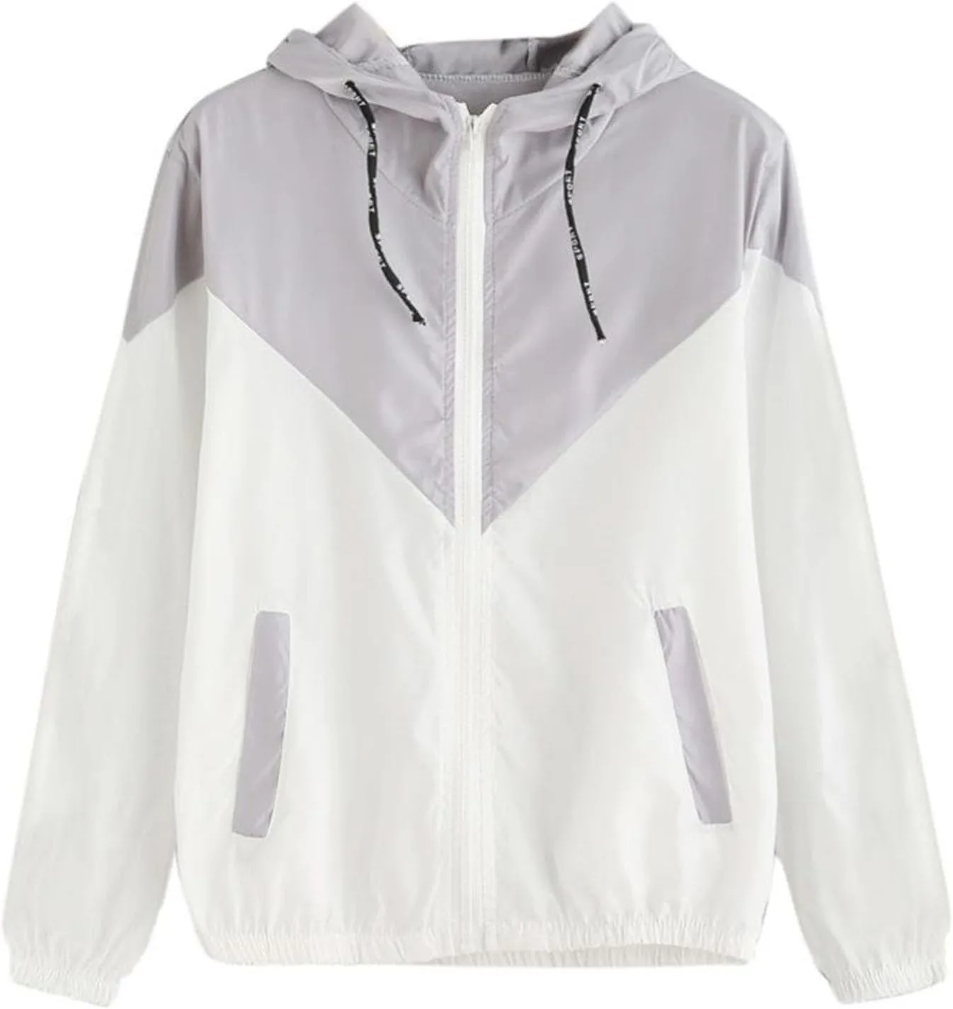 Womens Windbreaker Jacket Color Block Drawstring Hooded Sports Jacket Lightweight Outdoor Raincoat