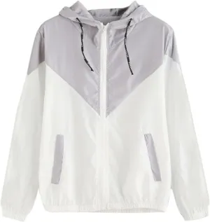 Womens Windbreaker Jacket Color Block Drawstring Hooded Sports Jacket Lightweight Outdoor Raincoat