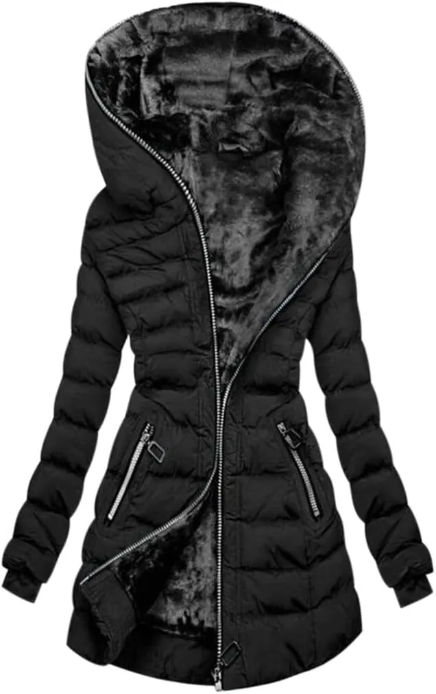Women's Winter Down Coat Quilted Puffer Thicken Fleece Lined Parka Jackets Full Zip Warm Outerwear with Hood
