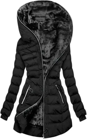 Women's Winter Down Coat Quilted Puffer Thicken Fleece Lined Parka Jackets Full Zip Warm Outerwear with Hood