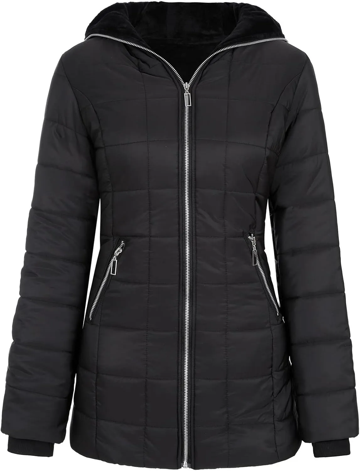 Women's Winter Down Coat Quilted Puffer Thicken Fleece Lined Parka Jackets Full Zip Warm Outerwear with Hood