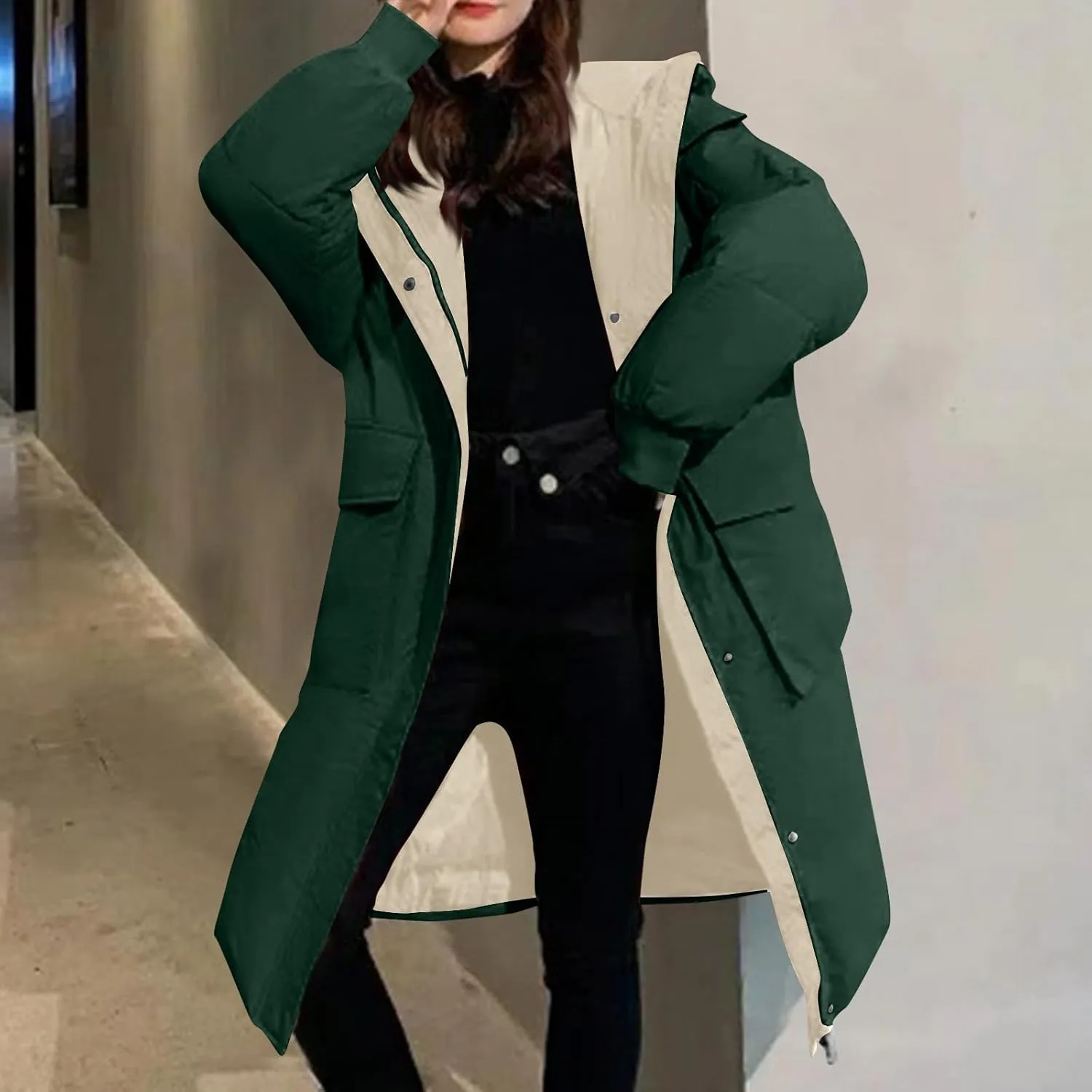 Women's Winter Overcoat Tops Long Jacket with Hood Trench Coat Solid Outwear Long Sleeve Coats with Pockets
