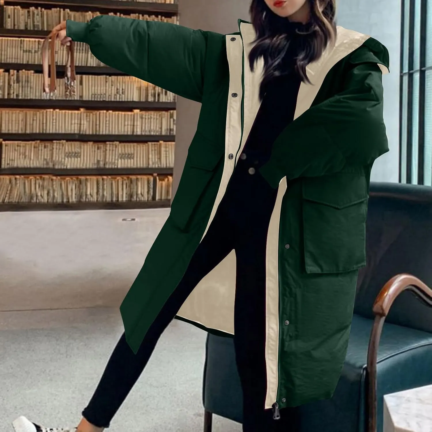 Women's Winter Overcoat Tops Long Jacket with Hood Trench Coat Solid Outwear Long Sleeve Coats with Pockets