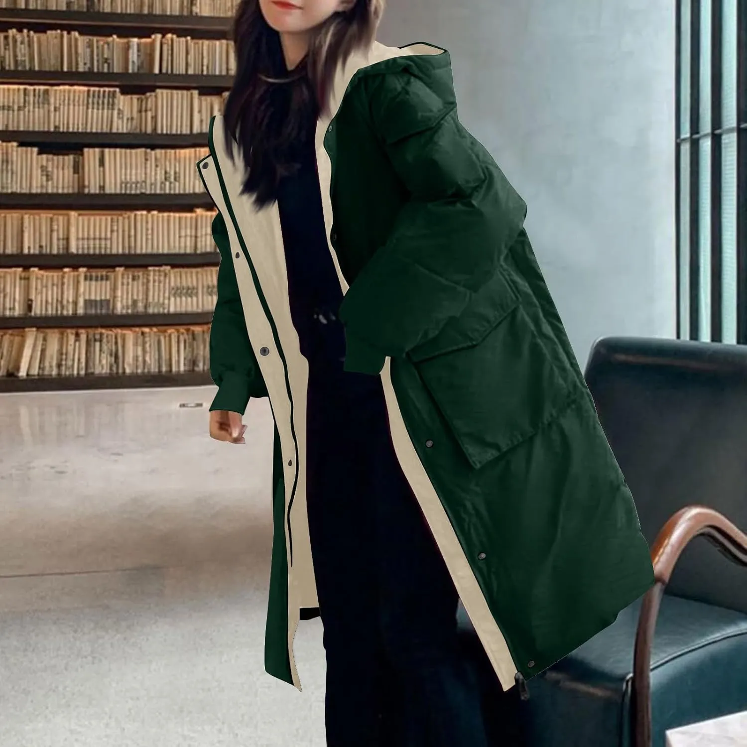 Women's Winter Overcoat Tops Long Jacket with Hood Trench Coat Solid Outwear Long Sleeve Coats with Pockets