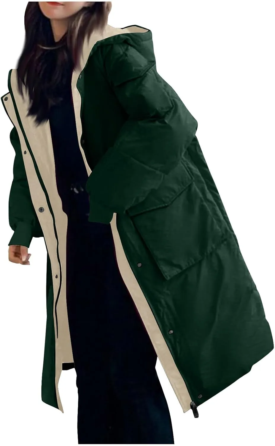 Women's Winter Overcoat Tops Long Jacket with Hood Trench Coat Solid Outwear Long Sleeve Coats with Pockets