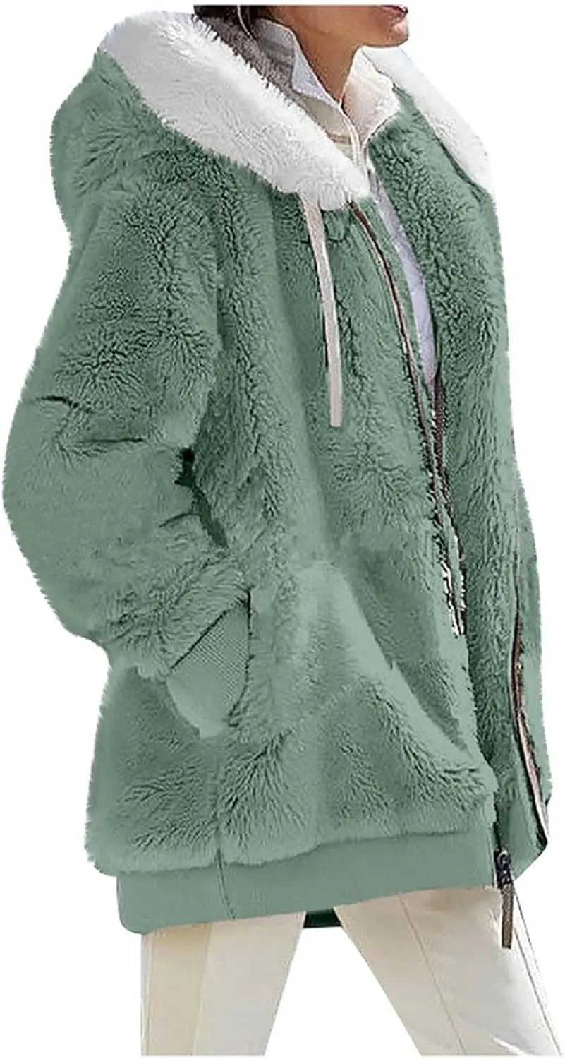 Womens Winter Thick Coat Hooded Zip Casual Outwear Insulated Slim Soft Fleece Jacket with Pocket Daily Outdoor Clothes