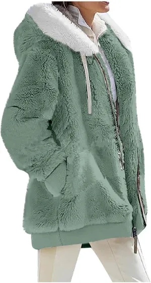 Womens Winter Thick Coat Hooded Zip Casual Outwear Insulated Slim Soft Fleece Jacket with Pocket Daily Outdoor Clothes