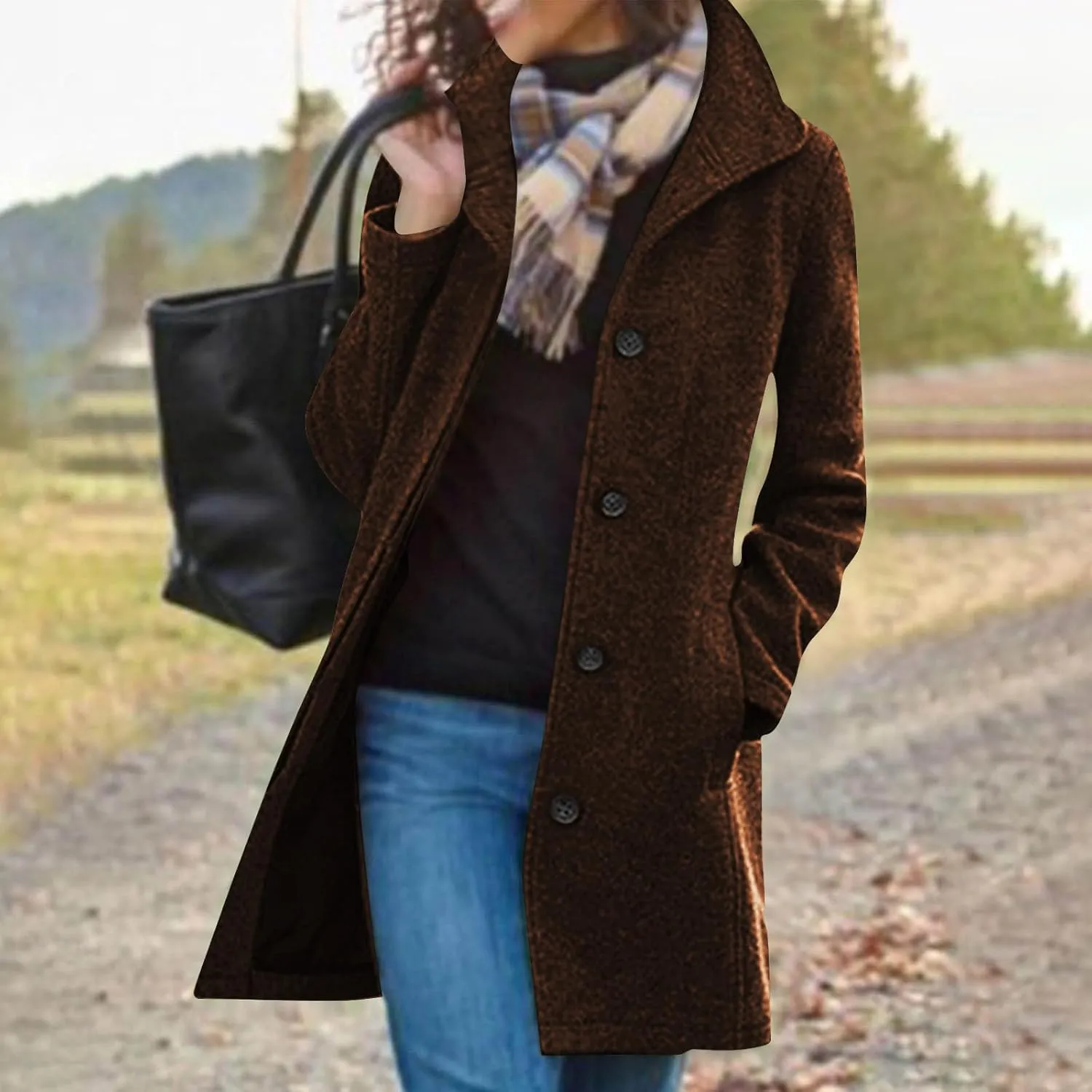 Women's Wool Pea Coat Mid Length Button Down Cardigan Fashion Overcoat Winter Casual Warm Fleece Trench Coat