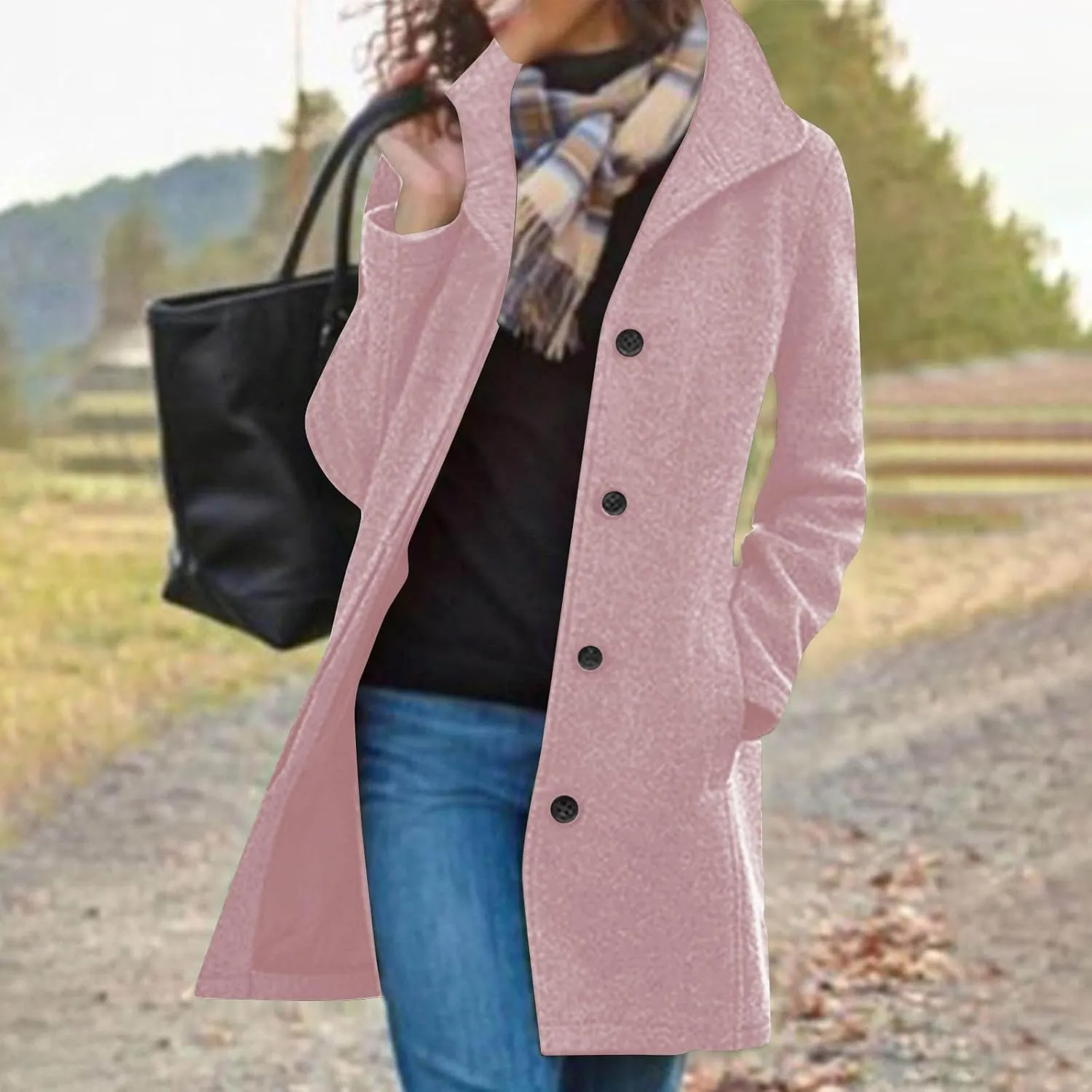 Women's Wool Pea Coat Mid Length Button Down Cardigan Fashion Overcoat Winter Casual Warm Fleece Trench Coat