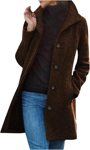Women's Wool Pea Coat Mid Length Button Down Cardigan Fashion Overcoat Winter Casual Warm Fleece Trench Coat