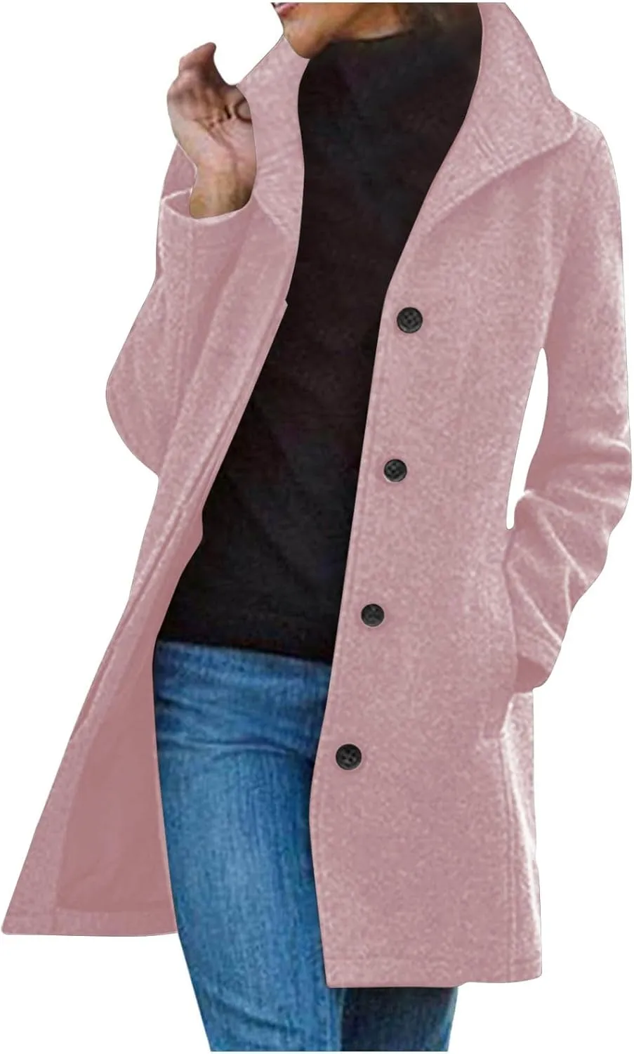 Women's Wool Pea Coat Mid Length Button Down Cardigan Fashion Overcoat Winter Casual Warm Fleece Trench Coat