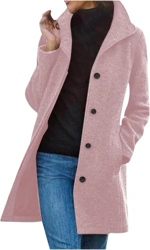 Women's Wool Pea Coat Mid Length Button Down Cardigan Fashion Overcoat Winter Casual Warm Fleece Trench Coat