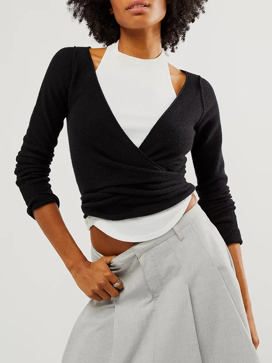 Womens Wool Tie Front Tops Crop Top Solid Long Sleeve Solid V-Neck Lightweight Crochet Cardigan Crop