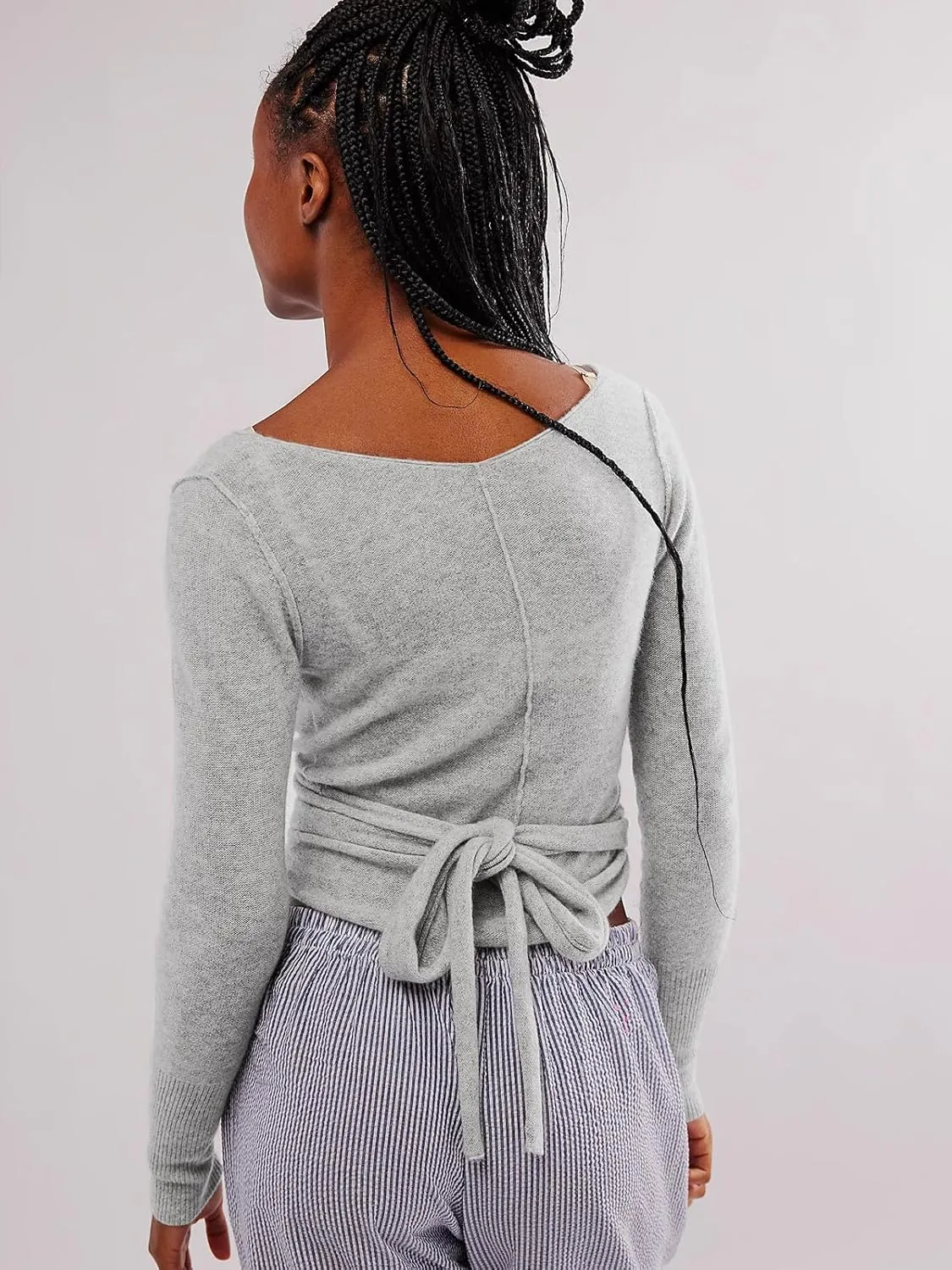 Womens Wool Tie Front Tops Crop Top Solid Long Sleeve Solid V-Neck Lightweight Crochet Cardigan Crop