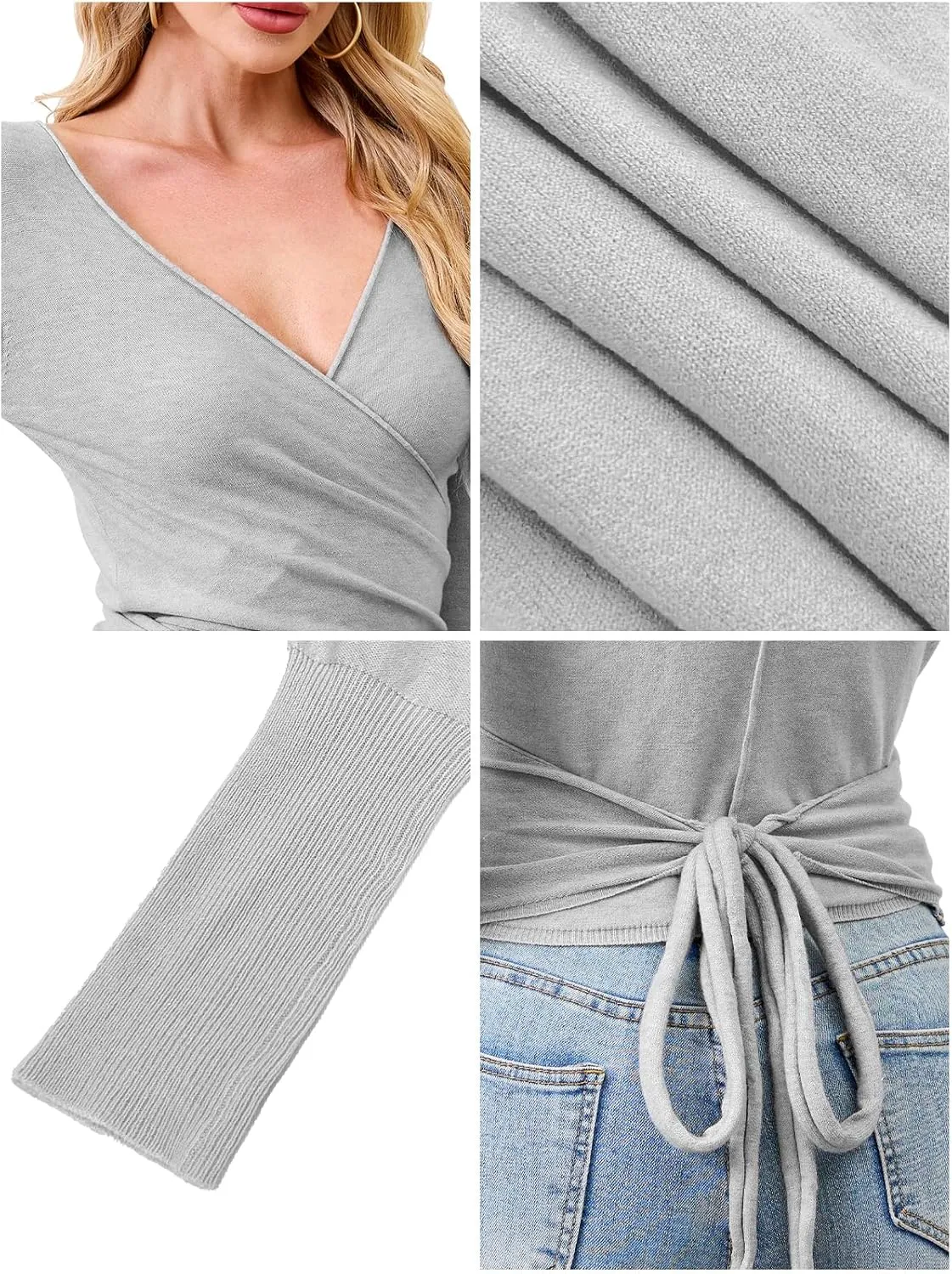 Womens Wool Tie Front Tops Crop Top Solid Long Sleeve Solid V-Neck Lightweight Crochet Cardigan Crop