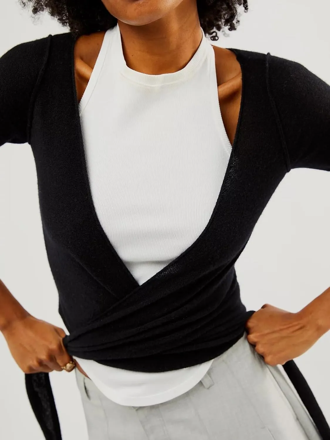 Womens Wool Tie Front Tops Crop Top Solid Long Sleeve Solid V-Neck Lightweight Crochet Cardigan Crop