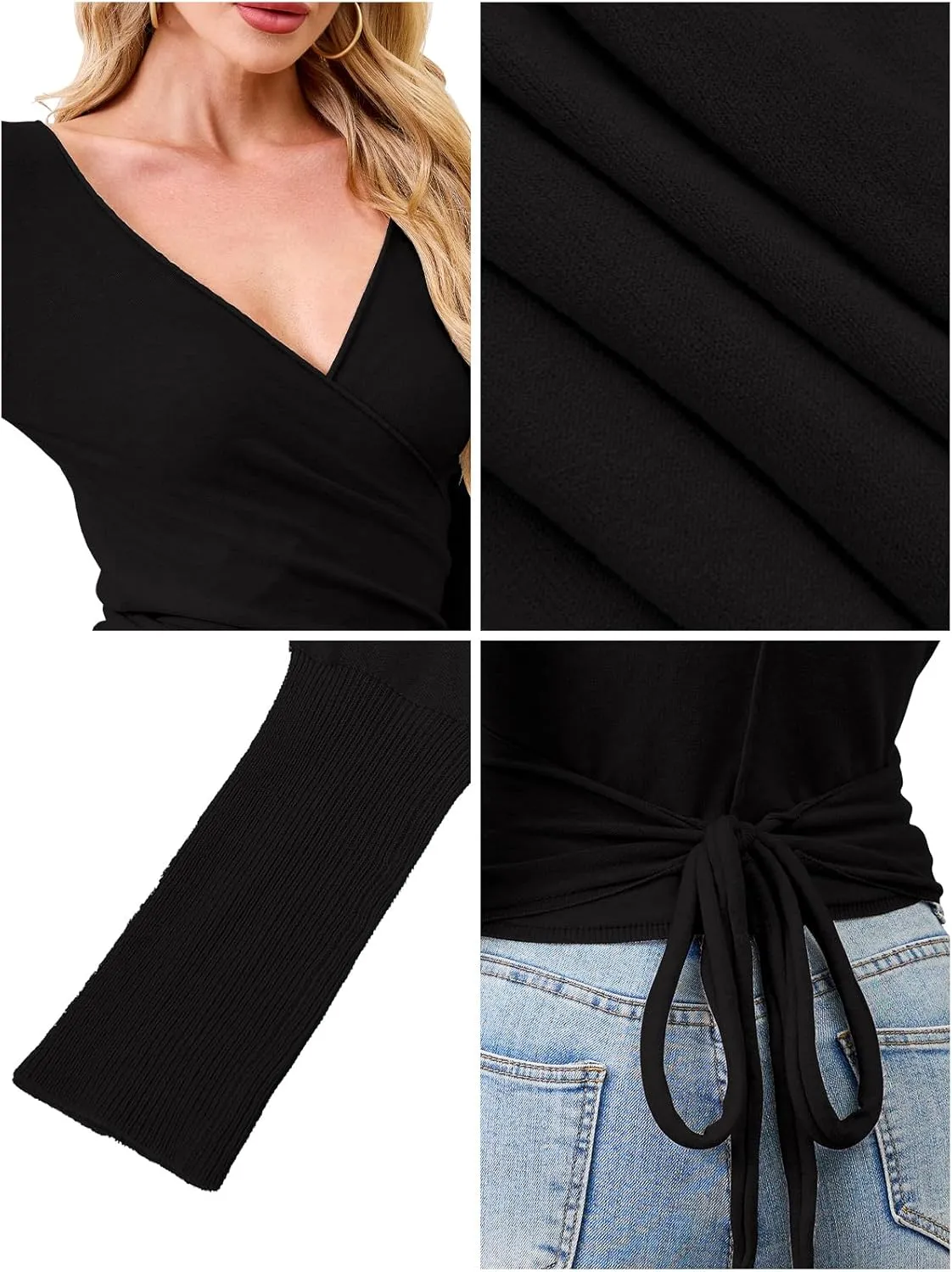 Womens Wool Tie Front Tops Crop Top Solid Long Sleeve Solid V-Neck Lightweight Crochet Cardigan Crop