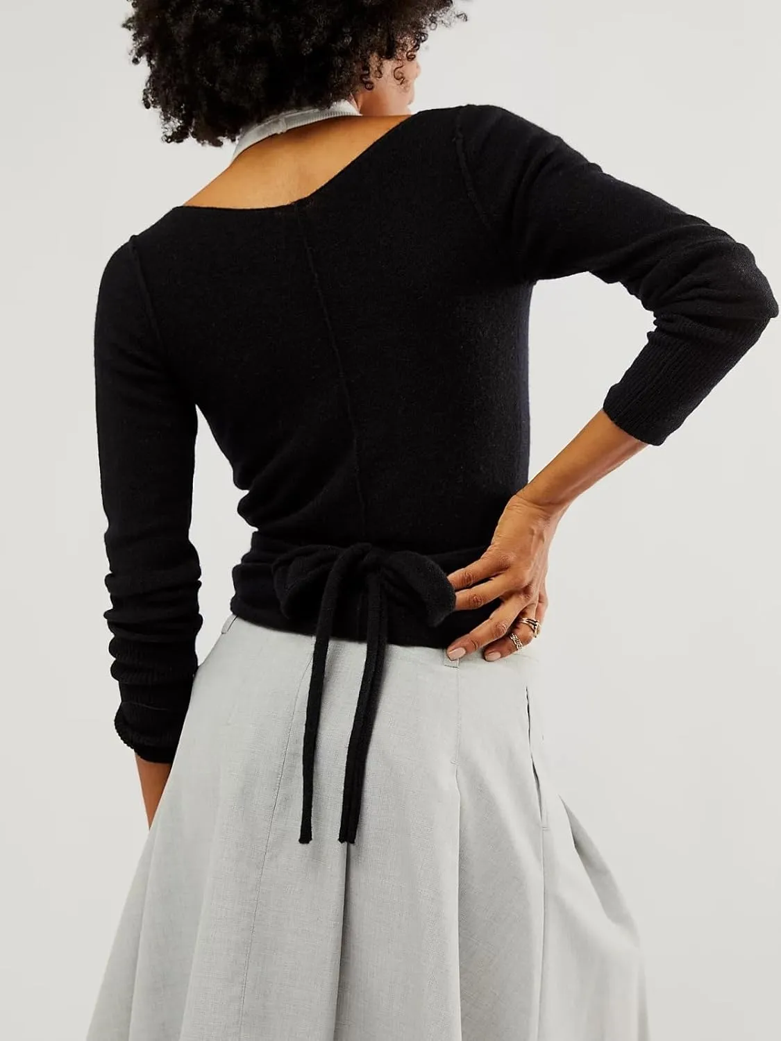 Womens Wool Tie Front Tops Crop Top Solid Long Sleeve Solid V-Neck Lightweight Crochet Cardigan Crop