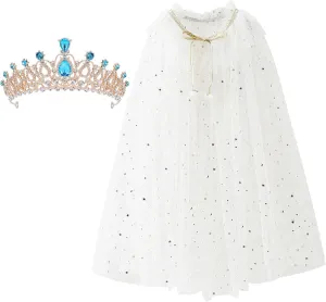 XEPST Princess Cape White Princess Cloak with Princess Crown for Girls, Princess Fancy Dress Accessories Princess Dress Up Sparkling Sequins Cape for Party Cosplay