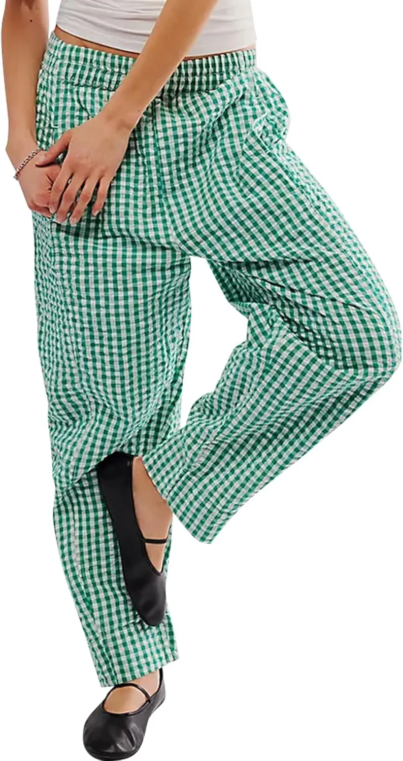 YKR Plaid Pants for Women Gingham Lounge Wide Leg Low Waist Pajama Pants Elastic Waist Trousers with Pocket