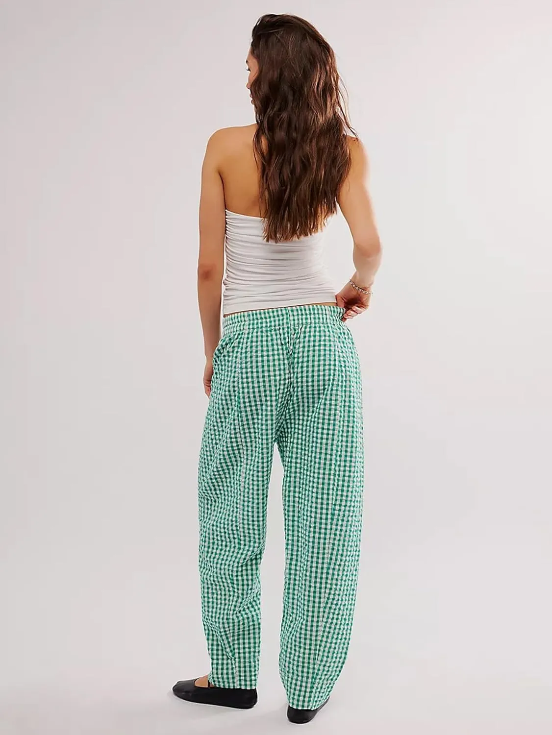 YKR Plaid Pants for Women Gingham Lounge Wide Leg Low Waist Pajama Pants Elastic Waist Trousers with Pocket