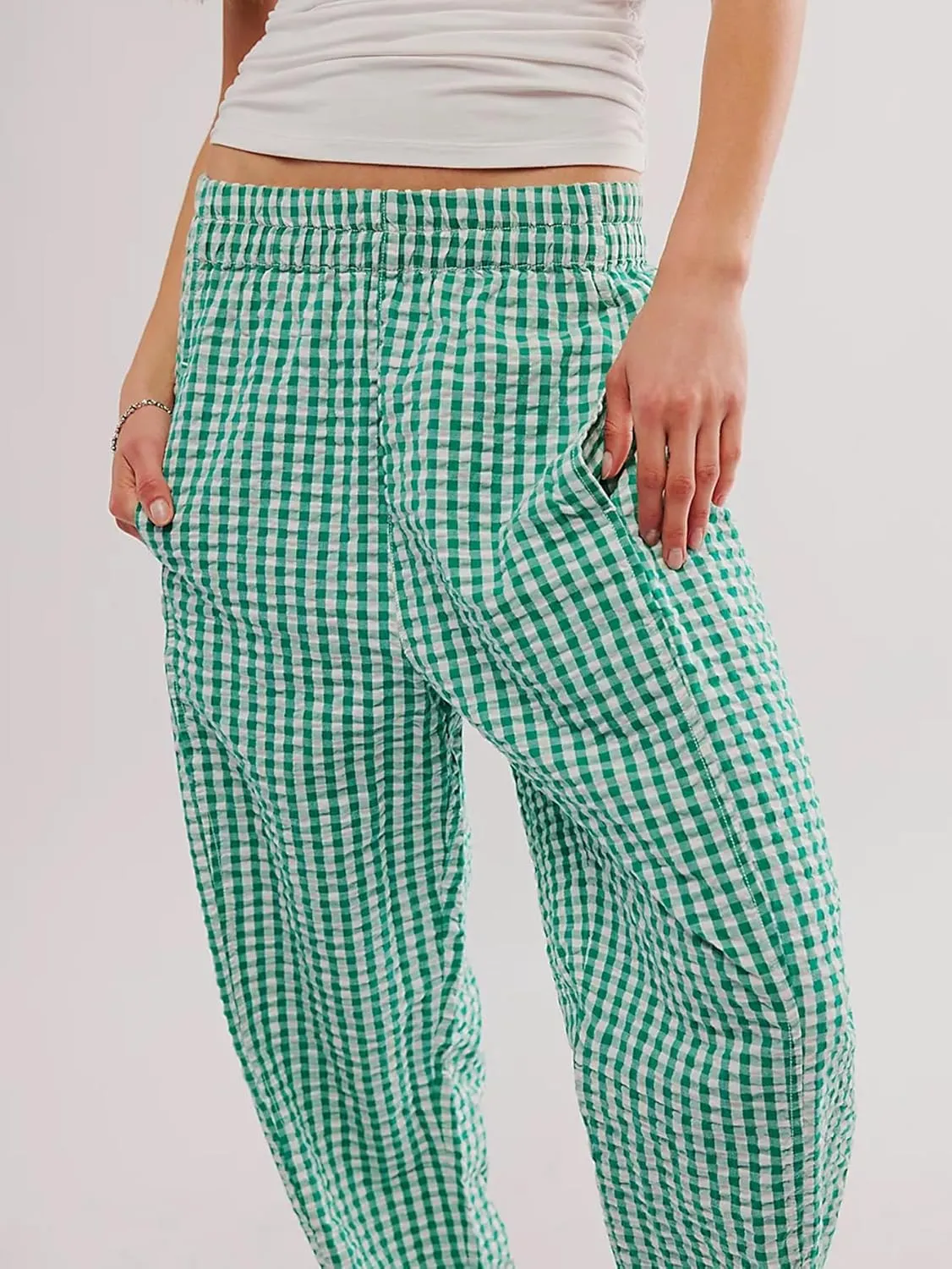 YKR Plaid Pants for Women Gingham Lounge Wide Leg Low Waist Pajama Pants Elastic Waist Trousers with Pocket