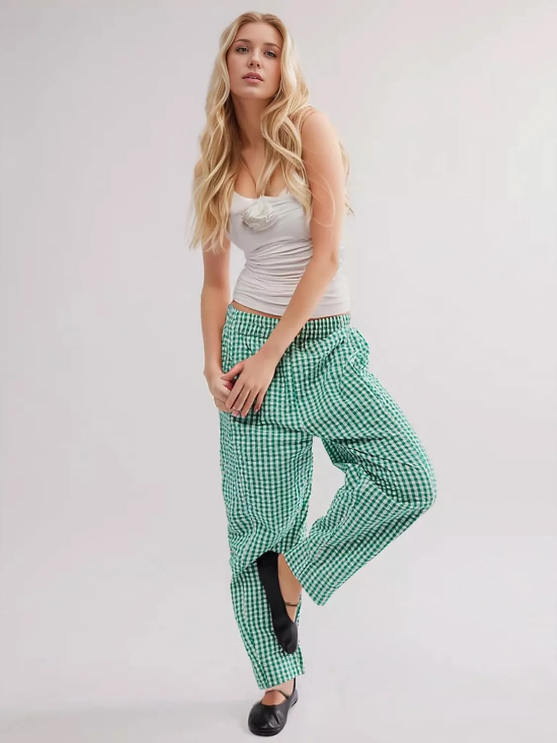 YKR Plaid Pants for Women Gingham Lounge Wide Leg Low Waist Pajama Pants Elastic Waist Trousers with Pocket