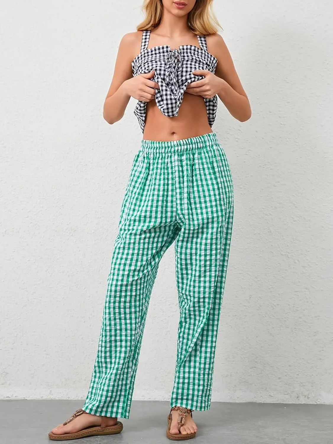 YKR Plaid Pants for Women Gingham Lounge Wide Leg Low Waist Pajama Pants Elastic Waist Trousers with Pocket