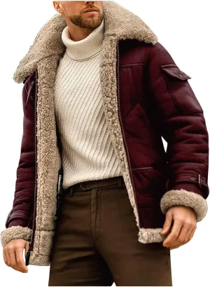 Ymosrh Men's Leather Coats Faux Sherpa Lined Bomber Jacket Winter Warm Turn-Down Collar Coats Jacket, M-5XL