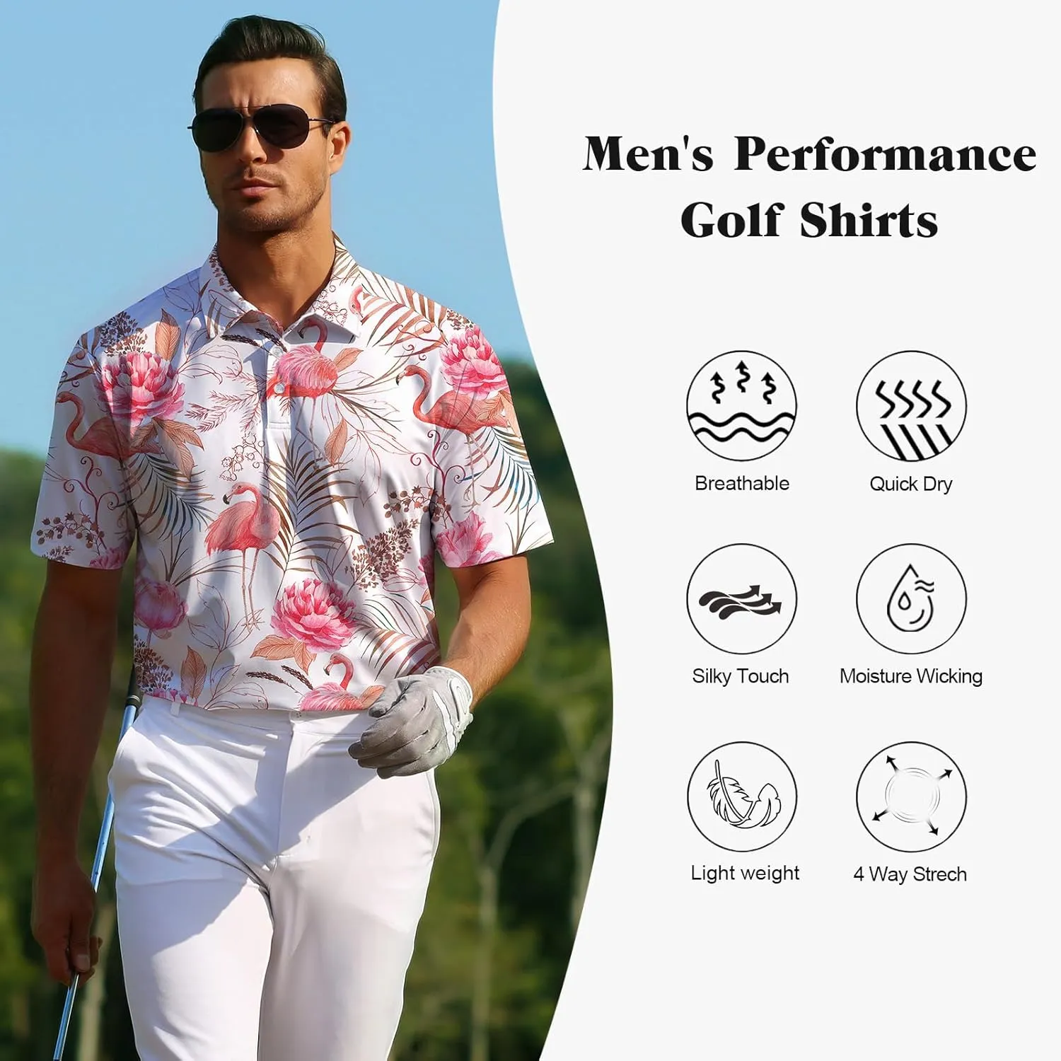 zeetoo Mens Golf Polo Shirt Hawaiian Polo Shirts for Men Moisture Wicking Dry Fit Soft Breathable Short Sleeve 4-Way Stretch