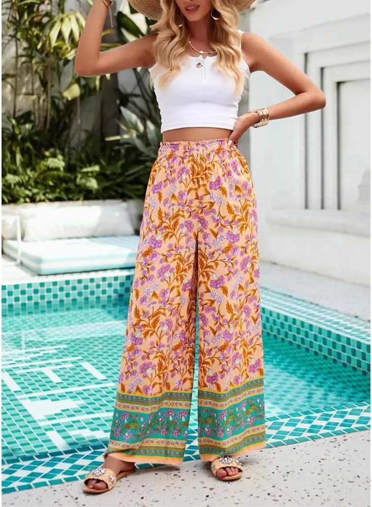 ZOCAVIA Womens Floral Print Harem Pants with Pockets Yoga Boho Pants Flowy Wide Leg Pants Casual Palazzo Pants Beach Pants