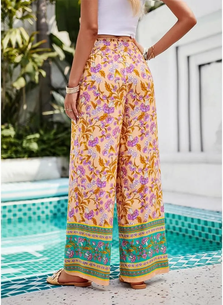 ZOCAVIA Womens Floral Print Harem Pants with Pockets Yoga Boho Pants Flowy Wide Leg Pants Casual Palazzo Pants Beach Pants