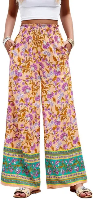 ZOCAVIA Womens Floral Print Harem Pants with Pockets Yoga Boho Pants Flowy Wide Leg Pants Casual Palazzo Pants Beach Pants