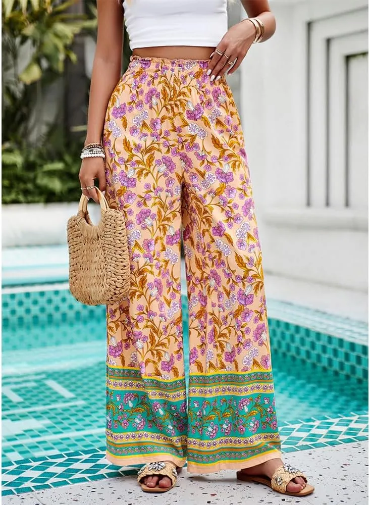 ZOCAVIA Womens Floral Print Harem Pants with Pockets Yoga Boho Pants Flowy Wide Leg Pants Casual Palazzo Pants Beach Pants