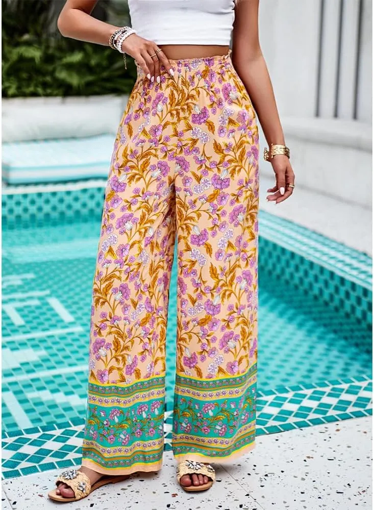 ZOCAVIA Womens Floral Print Harem Pants with Pockets Yoga Boho Pants Flowy Wide Leg Pants Casual Palazzo Pants Beach Pants