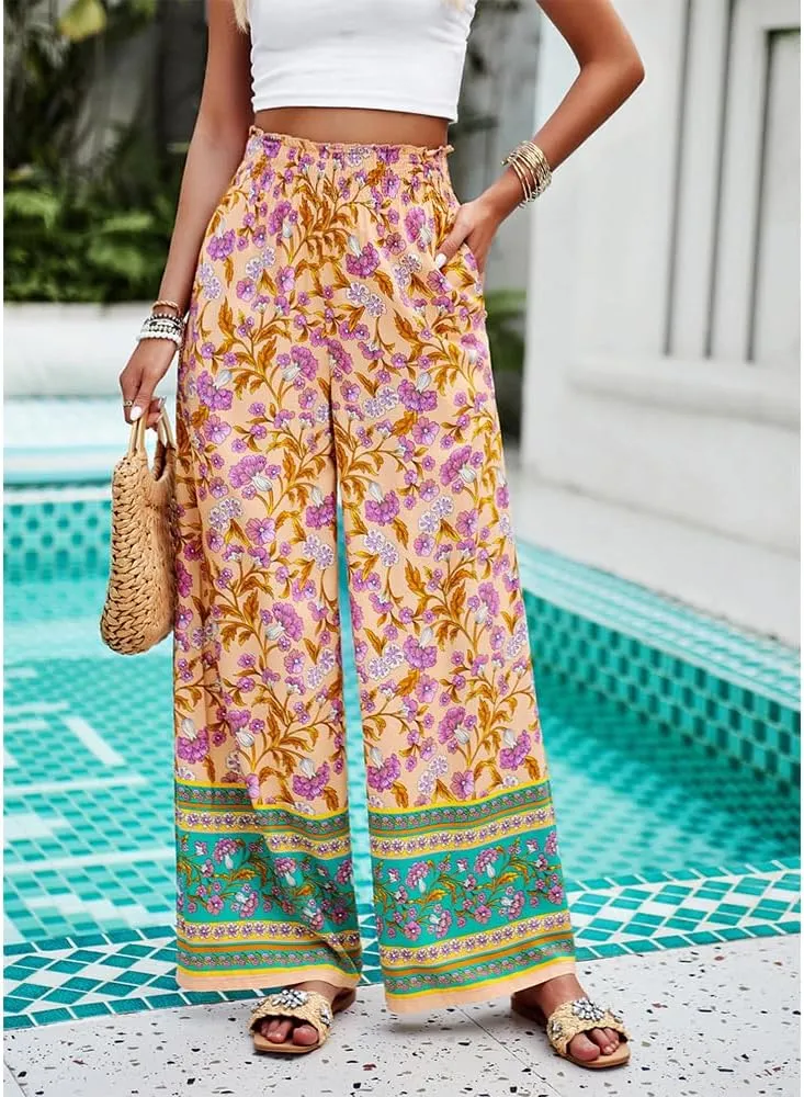 ZOCAVIA Womens Floral Print Harem Pants with Pockets Yoga Boho Pants Flowy Wide Leg Pants Casual Palazzo Pants Beach Pants
